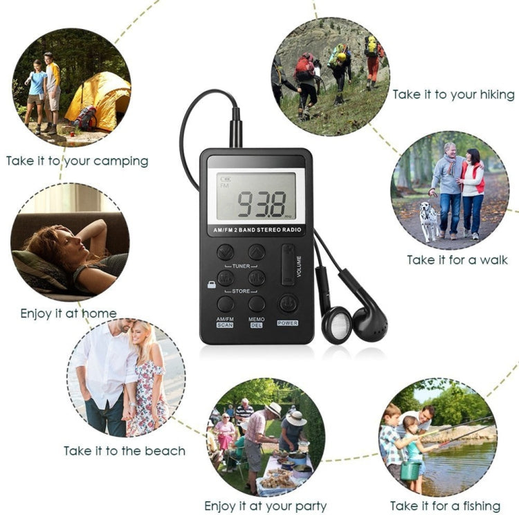 HRD-103 FM + AM Two Band Portable Radio with Lanyard & Headset(Black) - free shipping - PMC Jewellery - Order now!