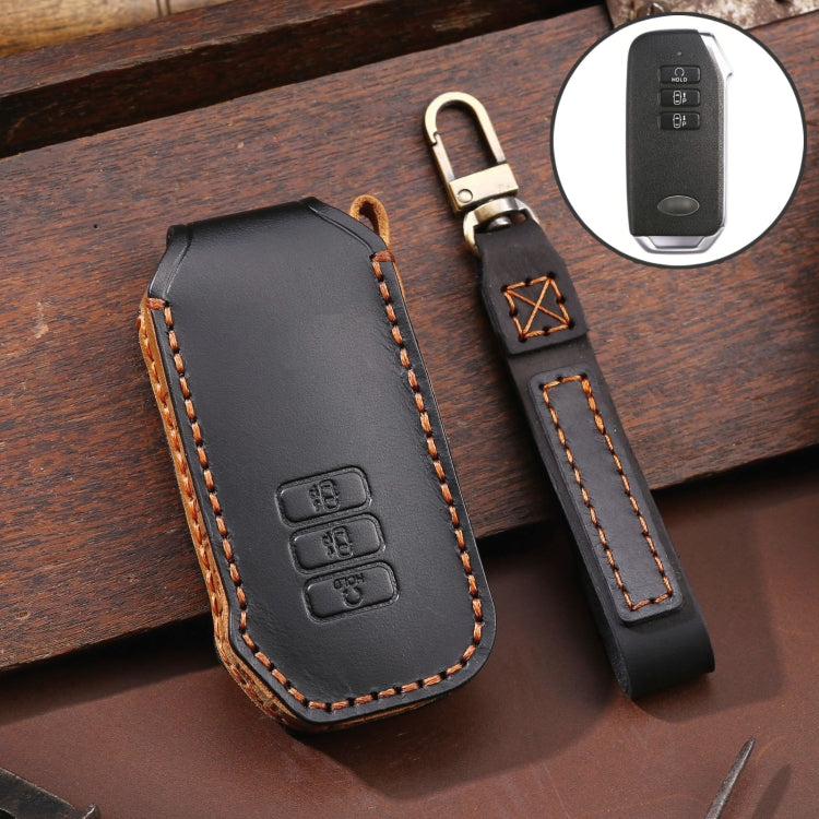 For Kia 3-button Hallmo Car Cowhide Leather Key Protective Cover Key Case(Black) - Car Key Cases by Hallmo | Online Shopping South Africa | PMC Jewellery | Buy Now Pay Later Mobicred