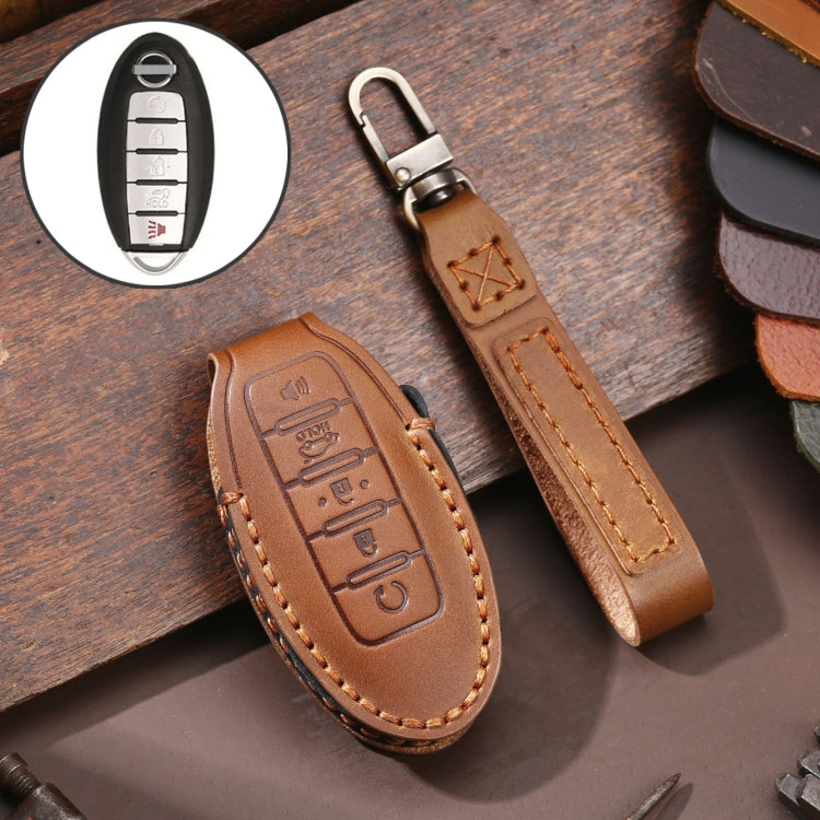 For Nissan 5-button Horn Hallmo Car Cowhide Leather Key Protective Cover Key Case(Brown) - Car Key Cases by Hallmo | Online Shopping South Africa | PMC TechLife | Buy Now Pay Later Mobicred