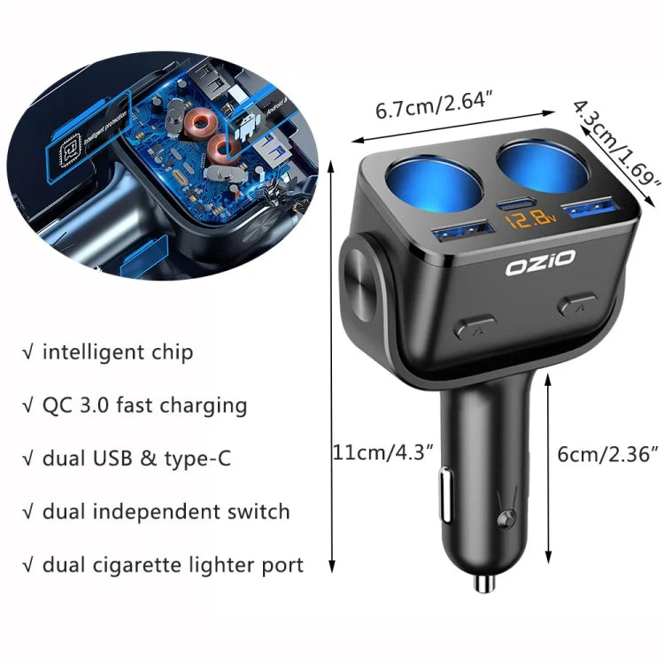 Ozio Y48TC QC3.0 + Type-C Dual Port Fast Charging Multi-function Car Charger Cigarette Lighter - Car Charger by ozio | Online Shopping South Africa | PMC Jewellery | Buy Now Pay Later Mobicred