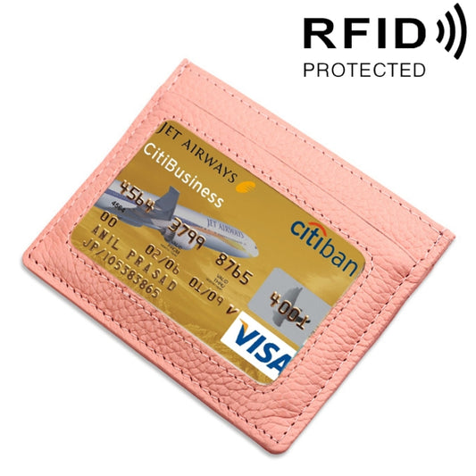 Cowhide Leather Litchi Texture Open Type Solid Color Card Holder RFID Blocking Card Bag Protective Case(Pink) - Antimagnetic RFID Package by PMC Jewellery | Online Shopping South Africa | PMC Jewellery | Buy Now Pay Later Mobicred