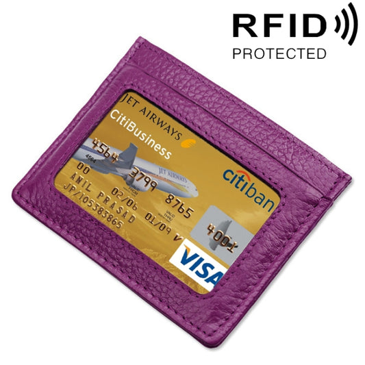 Cowhide Leather Litchi Texture Open Type Solid Color Card Holder RFID Blocking Card Bag Protective Case(Purple) - Antimagnetic RFID Package by PMC Jewellery | Online Shopping South Africa | PMC Jewellery | Buy Now Pay Later Mobicred