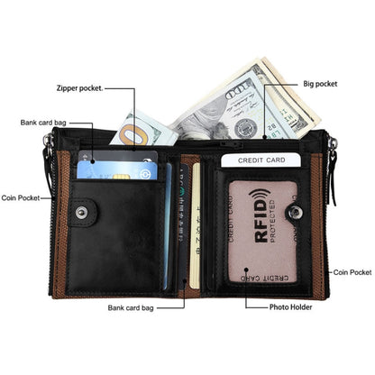 Genuine Cowhide Leather Crazy Horse Texture Dual Zipper Short Style Card Holder Wallet RFID Blocking Card Bag Protect Case for Men, Size: 12.1*9.4*2.7cm(Black) - Antimagnetic RFID Package by PMC Jewellery | Online Shopping South Africa | PMC Jewellery | Buy Now Pay Later Mobicred