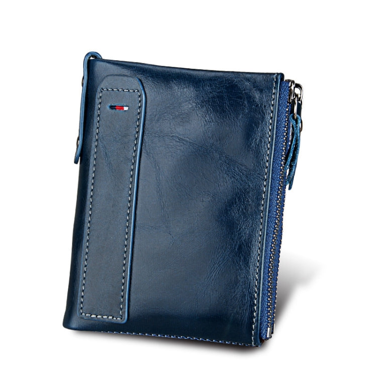 Genuine Cowhide Leather Crazy Horse Texture Dual Zipper Short Style Card Holder Wallet RFID Blocking Card Bag Protect Case for Men, Size: 12.1*9.4*2.7cm(Blue) - Antimagnetic RFID Package by PMC Jewellery | Online Shopping South Africa | PMC Jewellery | Buy Now Pay Later Mobicred