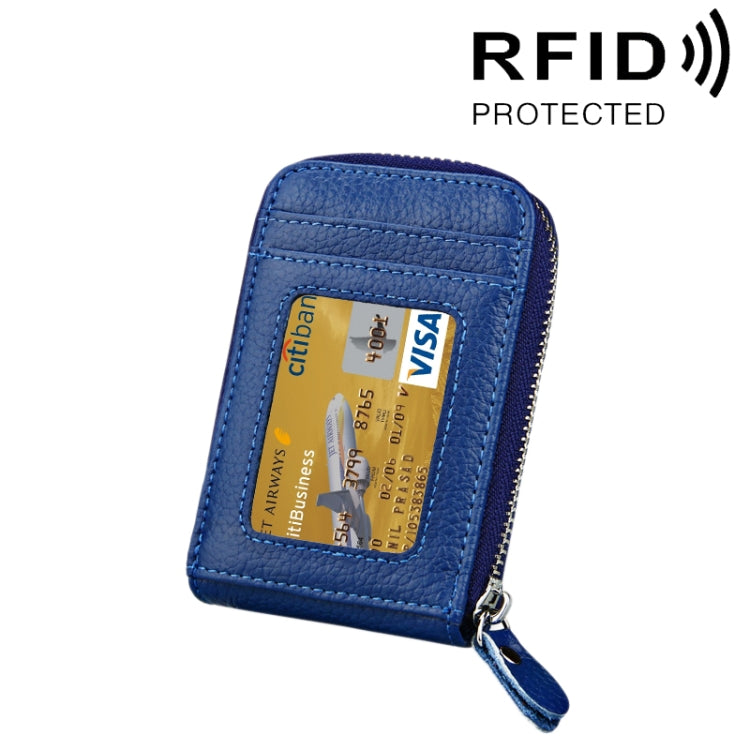 Genuine Cowhide Leather Solid Color Zipper Vertical Card Holder Wallet RFID Blocking Card Bag Protect Case with 12 Card Slots, Size: 11.5*7.5cm(Blue) - Antimagnetic RFID Package by PMC Jewellery | Online Shopping South Africa | PMC Jewellery | Buy Now Pay Later Mobicred