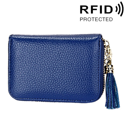 Genuine Cowhide Leather Solid Color Zipper Card Holder Wallet RFID Blocking Card Bag Protect Case Coin Purse with Tassel Pendant & 15 Card Slots for Women, Size: 11.1*7.6*3.5cm(Blue) - Antimagnetic RFID Package by PMC Jewellery | Online Shopping South Africa | PMC Jewellery | Buy Now Pay Later Mobicred