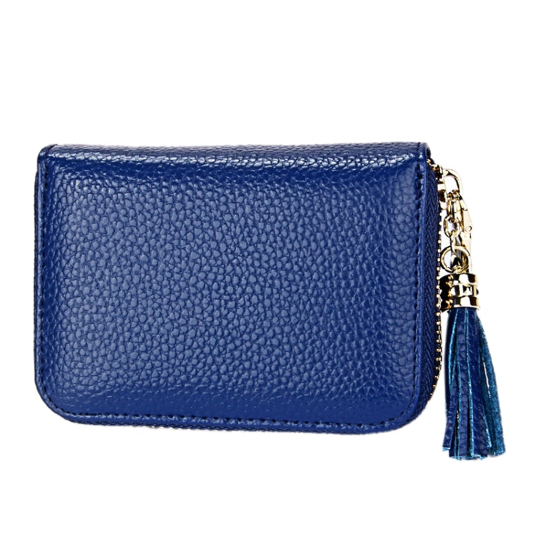 Genuine Cowhide Leather Solid Color Zipper Card Holder Wallet RFID Blocking Card Bag Protect Case Coin Purse with Tassel Pendant & 15 Card Slots for Women, Size: 11.1*7.6*3.5cm(Blue) - Antimagnetic RFID Package by PMC Jewellery | Online Shopping South Africa | PMC Jewellery | Buy Now Pay Later Mobicred