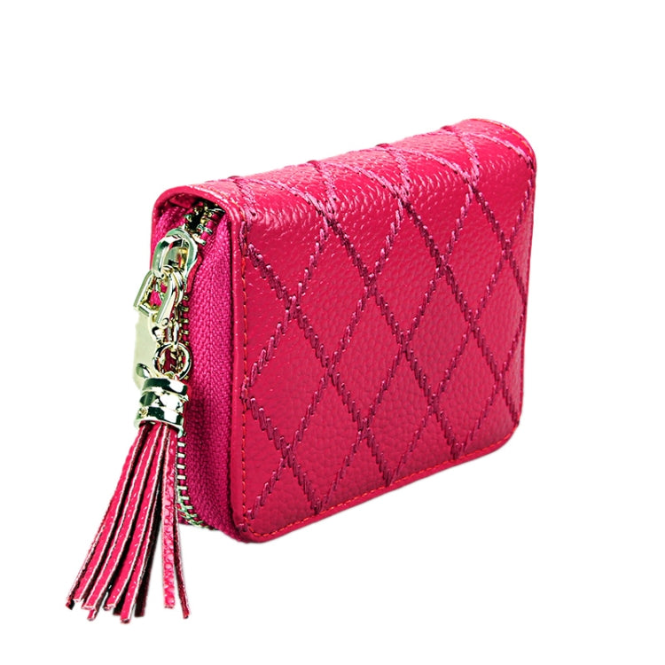 Genuine Cowhide Leather Grid Texture Zipper Card Holder Wallet RFID Blocking Card Bag Protect Case Coin Purse with Tassel Pendant & 15 Card Slots for Women, Size: 11.1*7.9*3.5cm(Pink) - Antimagnetic RFID Package by PMC Jewellery | Online Shopping South Africa | PMC Jewellery | Buy Now Pay Later Mobicred