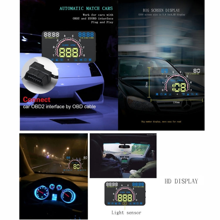 E350 5.8 inch Car HUD / OBD2 Vehicle-mounted Gator Automotive Head Up Display Security System with Multi-color LED, Support Car Real Speed & Turn Speed & Water Temperature & Oil Consumption & Driving  ... peed Alarm, Mile Switching, Light Sensor Functions - Head Up Display System by PMC Jewellery | Online Shopping South Africa | PMC Jewellery | Buy Now Pay Later Mobicred