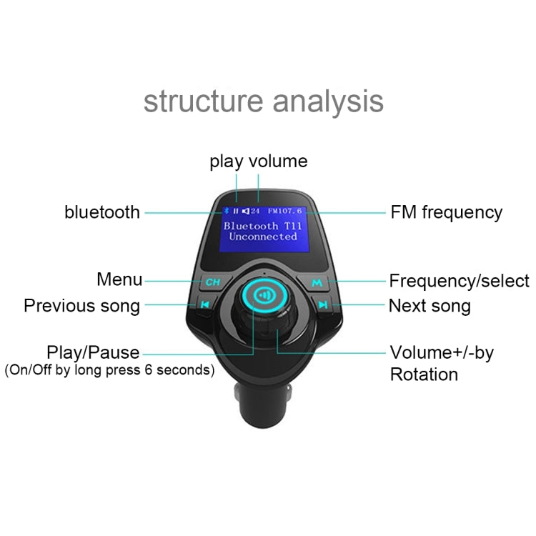 T11 Bluetooth FM Transmitter Car MP3 Player with LED Display, Support Double USB Charge & Handsfree & TF Card & U Disk Music Play Function - Bluetooth Car Kits by PMC Jewellery | Online Shopping South Africa | PMC Jewellery | Buy Now Pay Later Mobicred