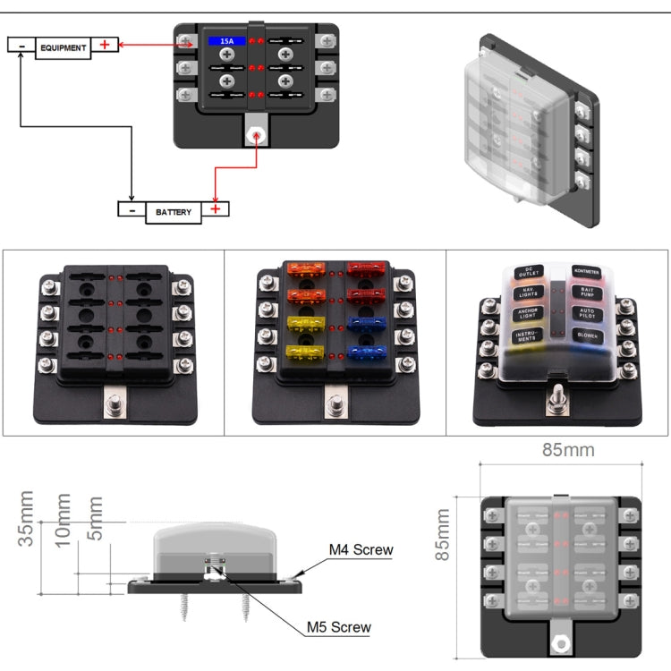 1 in 8 Out Fuse Box Screw Terminal Section Fuse Holder Kits with LED Warning Indicator for Auto Car Truck Boat - Fuse by PMC Jewellery | Online Shopping South Africa | PMC Jewellery