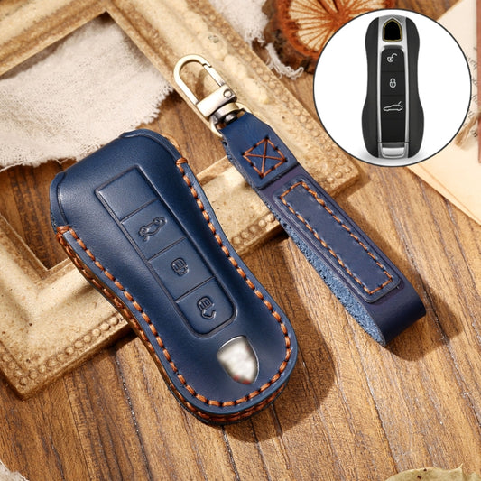 Hallmo Car Cowhide Leather Key Protective Cover Key Case for Porsche Macan 718 2021 B Style(Blue) - Car Key Cases by Hallmo | Online Shopping South Africa | PMC Jewellery | Buy Now Pay Later Mobicred