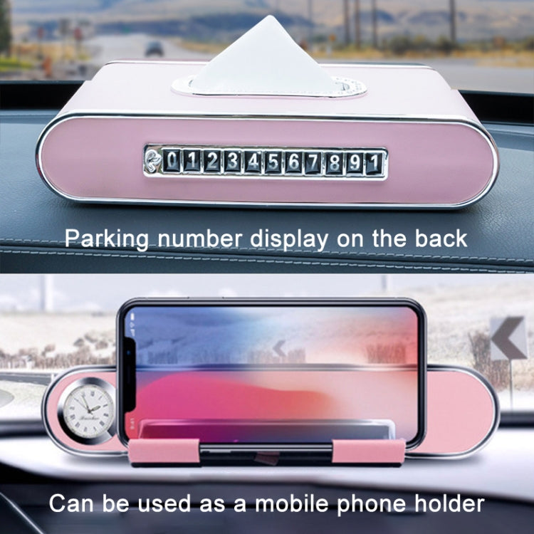 Car Dashboard Diamond Paper Towel Box with Temporary Parking Phone Number Card & Phone Holder & Clock(Pink) - Tissue Boxes by PMC Jewellery | Online Shopping South Africa | PMC Jewellery | Buy Now Pay Later Mobicred