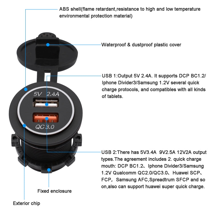 Universal Car QC3.0 Dual Port USB Charger Power Outlet Adapter 5V 2.4A IP66 with 60cm Cable(Blue Light) - DIY Modified Charger by PMC Jewellery | Online Shopping South Africa | PMC Jewellery | Buy Now Pay Later Mobicred