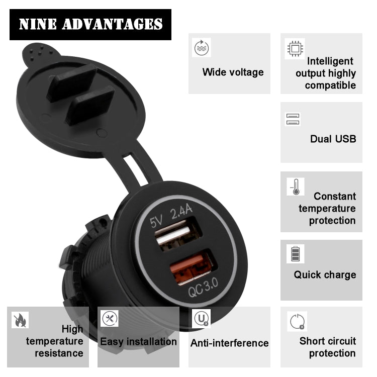 Universal Car QC3.0 Dual Port USB Charger Power Outlet Adapter 5V 2.4A IP66 with 60cm Cable(Red Light) - DIY Modified Charger by PMC Jewellery | Online Shopping South Africa | PMC Jewellery | Buy Now Pay Later Mobicred