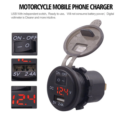 Universal Car Single Port USB Charger Power Outlet Adapter 2.4A 5V IP66 with LED Digital Voltmeter + Switch + 60cm Cable(Red Light) - DIY Modified Charger by PMC Jewellery | Online Shopping South Africa | PMC Jewellery | Buy Now Pay Later Mobicred