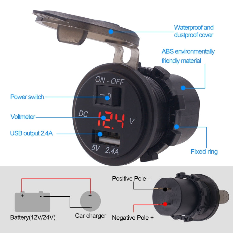 Universal Car Single Port USB Charger Power Outlet Adapter 2.4A 5V IP66 with LED Digital Voltmeter + Switch + 60cm Cable(Red Light) - DIY Modified Charger by PMC Jewellery | Online Shopping South Africa | PMC Jewellery | Buy Now Pay Later Mobicred