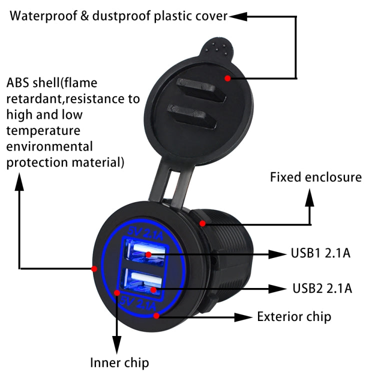 Universal Car Dual USB Charger Power Outlet Adapter 4.2A 5V IP66 with Aperture + 60cm Cable(Blue Light) - DIY Modified Charger by PMC Jewellery | Online Shopping South Africa | PMC Jewellery | Buy Now Pay Later Mobicred