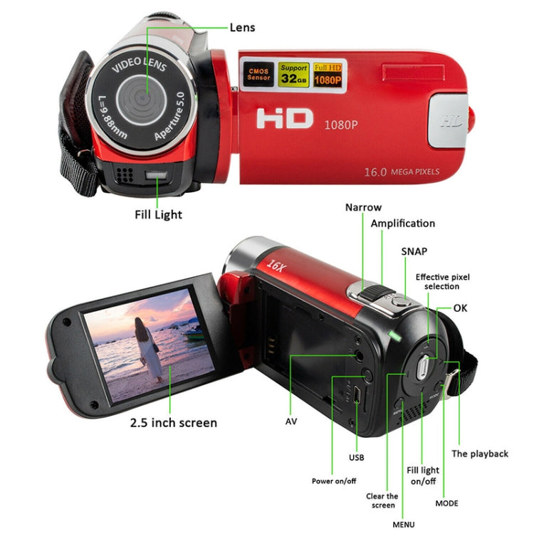 16X Digital Zoom HD 16 Million Pixel Home Travel DV Camera, AU Plug (Red) - Video Cameras by PMC TechLife | Online Shopping South Africa | PMC TechLife | Buy Now Pay Later Mobicred