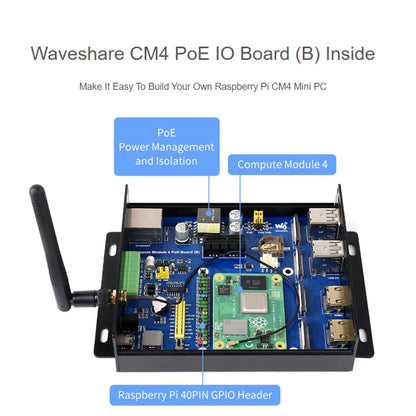 Waveshare PoE Mini-Computer Type B Base Box with Metal Case & Cooling Fan for Raspberry Pi CM4(US Plug) - Mini PC Accessories by WAVESHARE | Online Shopping South Africa | PMC Jewellery | Buy Now Pay Later Mobicred