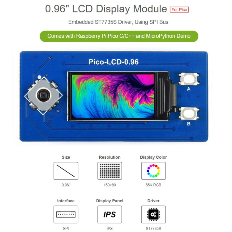 WAVESHARE 65K Colors 160 x 80 Pixel 0.96 inch LCD Display Module for Raspberry Pi Pico, SPI - Modules Expansions Accessories by WAVESHARE | Online Shopping South Africa | PMC Jewellery | Buy Now Pay Later Mobicred