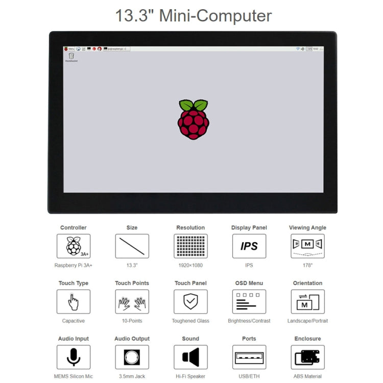 Waveshare 13.3 inch Mini-Computer Powered by Raspberry Pi 3A+, HD Touch Screen(EU Plug) - Modules Expansions Accessories by WAVESHARE | Online Shopping South Africa | PMC Jewellery | Buy Now Pay Later Mobicred