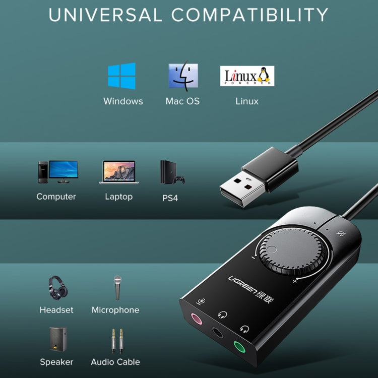 UGREEN CM109 USB to 3-ports 3.5mm Computer External Audio Card with Volume Adjustment Wheel, Length: 15cm - USB Sound by UGREEN | Online Shopping South Africa | PMC Jewellery | Buy Now Pay Later Mobicred