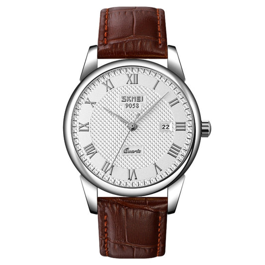 SKMEI 9058 Multifunctional Outdoor Fashion Waterproof Silver Shell Quartz Wrist Watch (Men Style Silver Face Brown Strap) - Leather Strap Watches by SKMEI | Online Shopping South Africa | PMC Jewellery | Buy Now Pay Later Mobicred