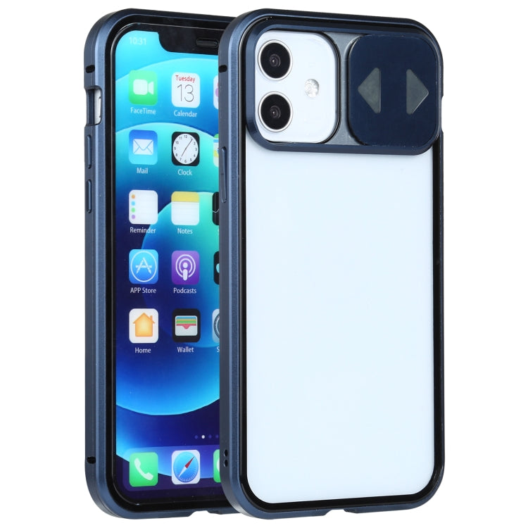 For iPhone 12 / 12 Pro Sliding Lens Cover Mirror Design Four-corner Shockproof Magnetic Metal Frame Double-sided Tempered Glass Case(Blue) - iPhone 12 / 12 Pro Cases by PMC Jewellery | Online Shopping South Africa | PMC Jewellery