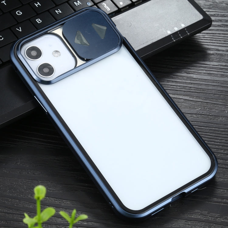 For iPhone 12 / 12 Pro Sliding Lens Cover Mirror Design Four-corner Shockproof Magnetic Metal Frame Double-sided Tempered Glass Case(Blue) - iPhone 12 / 12 Pro Cases by PMC Jewellery | Online Shopping South Africa | PMC Jewellery