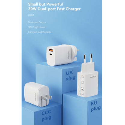 ROCK T51 30W Type-C / USB-C + USB PD Dual Ports Fast Charging Travel Charger Power Adapter, EU Plug(White) - USB Charger by ROCK | Online Shopping South Africa | PMC Jewellery | Buy Now Pay Later Mobicred