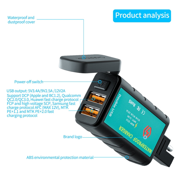 WUPP ZH-1422C1 Motorcycle Square Dual USB Fast Charging Charger with Switch + Integrated SAE Socket - Battery Charger by WUPP | Online Shopping South Africa | PMC TechLife | Buy Now Pay Later Mobicred