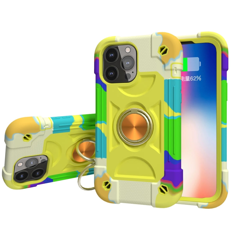 For iPhone 13 Shockproof Silicone + PC Protective Case with Dual-Ring Holder(Colorful Yellow Green) - iPhone 13 Cases by PMC Jewellery | Online Shopping South Africa | PMC Jewellery | Buy Now Pay Later Mobicred