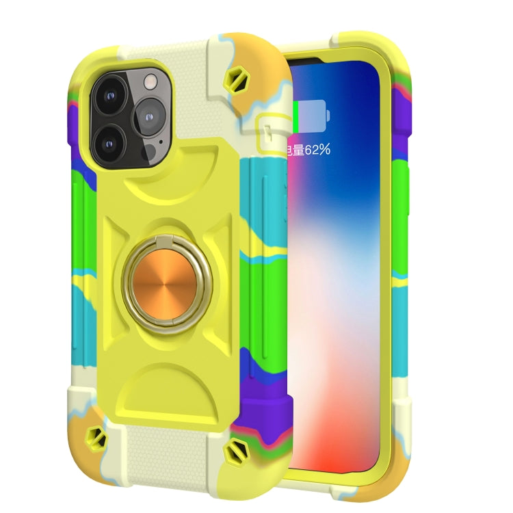 For iPhone 13 Shockproof Silicone + PC Protective Case with Dual-Ring Holder(Colorful Yellow Green) - iPhone 13 Cases by PMC Jewellery | Online Shopping South Africa | PMC Jewellery | Buy Now Pay Later Mobicred