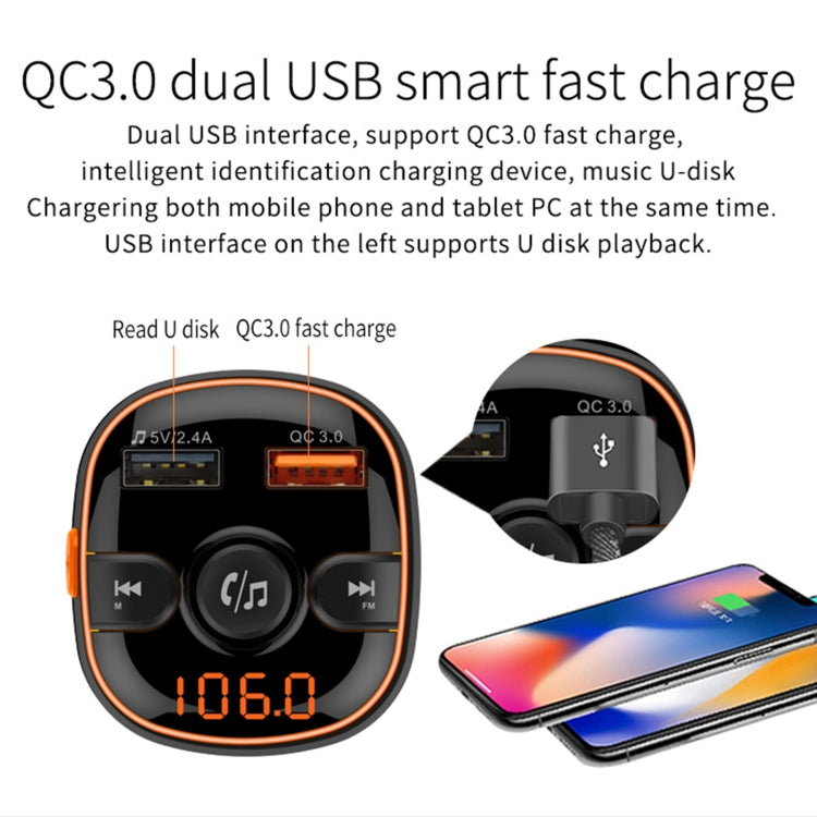 BC52 QC3.0 Fast Charging Car Colorful Atmosphere Light Bluetooth MP3 Player FM Transmitter - Bluetooth Car Kits by PMC TechLife | Online Shopping South Africa | PMC TechLife | Buy Now Pay Later Mobicred