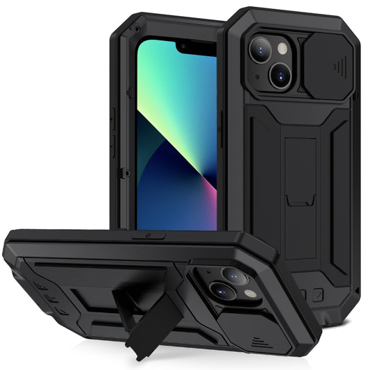 For iPhone 13 mini R-JUST Sliding Camera Shockproof Life Waterproof Dust-proof Metal + Silicone Protective Case with Holder (Black) - iPhone 13 mini Cases by R-JUST | Online Shopping South Africa | PMC Jewellery | Buy Now Pay Later Mobicred