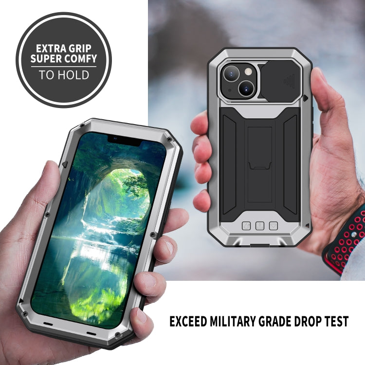 For iPhone 13 mini R-JUST Sliding Camera Shockproof Life Waterproof Dust-proof Metal + Silicone Protective Case with Holder (Silver) - iPhone 13 mini Cases by R-JUST | Online Shopping South Africa | PMC TechLife