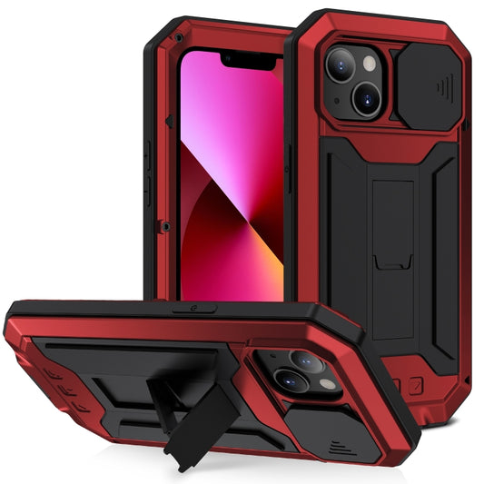 For iPhone 13 R-JUST Sliding Camera Shockproof Life Waterproof Dust-proof Metal + Silicone Protective Case with Holder(Red) - iPhone 13 Cases by R-JUST | Online Shopping South Africa | PMC Jewellery | Buy Now Pay Later Mobicred