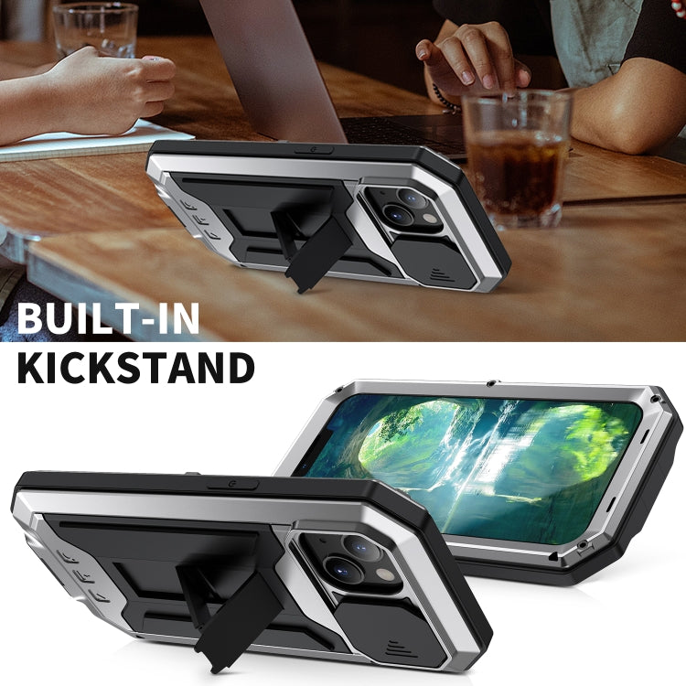 For iPhone 13 R-JUST Sliding Camera Shockproof Life Waterproof Dust-proof Metal + Silicone Protective Case with Holder(Silver) - iPhone 13 Cases by R-JUST | Online Shopping South Africa | PMC TechLife | Buy Now Pay Later Mobicred