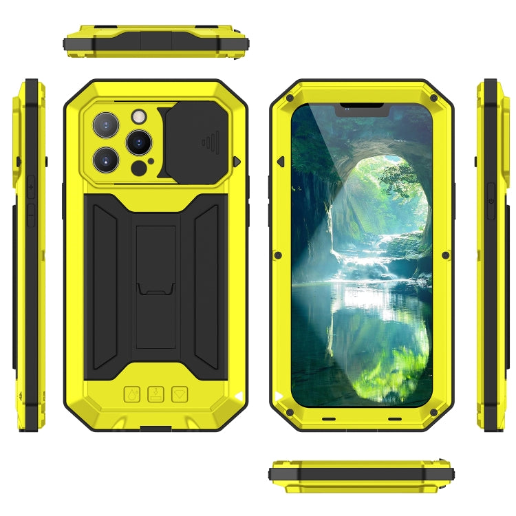 For iPhone 13 Pro Max R-JUST Sliding Camera Shockproof Life Waterproof Dust-proof Metal + Silicone Protective Case with Holder (Yellow) - iPhone 13 Pro Max Cases by R-JUST | Online Shopping South Africa | PMC Jewellery