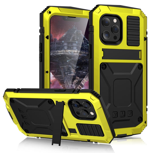 For iPhone 13 Pro Max R-JUST Shockproof Waterproof Dust-proof Metal + Silicone Protective Case with Holder (Yellow) - iPhone 13 Pro Max Cases by R-JUST | Online Shopping South Africa | PMC Jewellery | Buy Now Pay Later Mobicred