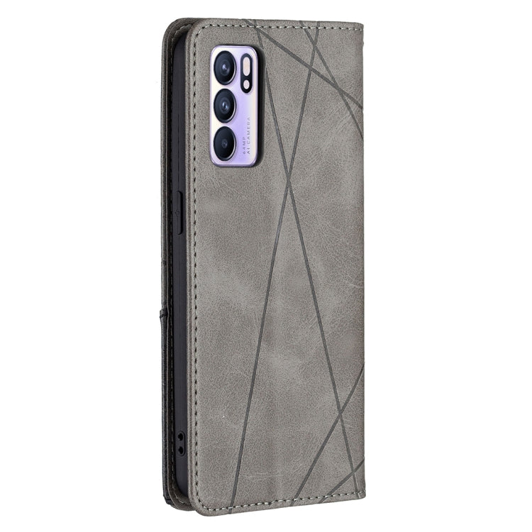 For OPPO Reno6 Rhombus Texture Horizontal Flip Magnetic Leather Case with Holder & Card Slots(Grey) - OPPO Cases by PMC Jewellery | Online Shopping South Africa | PMC Jewellery | Buy Now Pay Later Mobicred