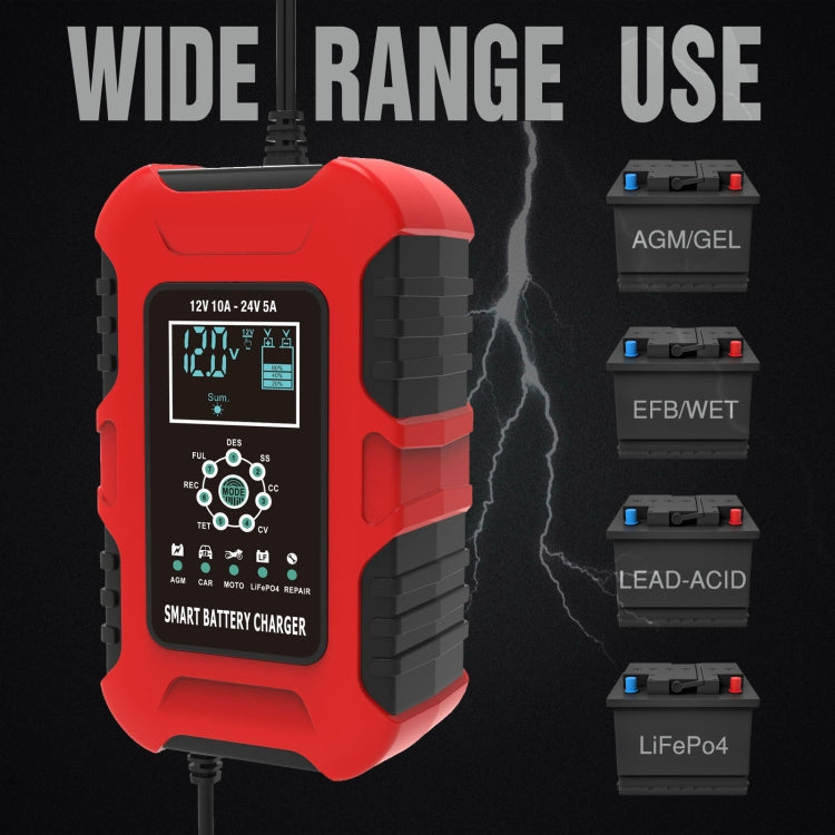 FOXSUR 10A 12V 7-segment Motorcycle / Car Smart Battery Charger, Plug Type:UK Plug(Red) - free shipping - PMC TechLife - Order now!