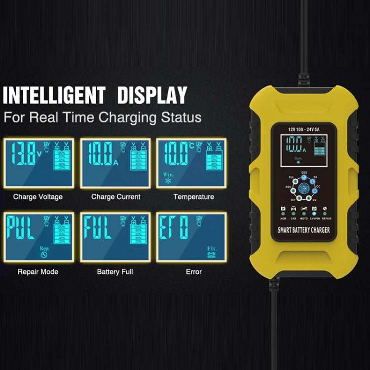 FOXSUR 10A 12V 7-segment Motorcycle / Car Smart Battery Charger, Plug Type:UK Plug(Yellow) - Battery Charger by FOXSUR | Online Shopping South Africa | PMC Jewellery | Buy Now Pay Later Mobicred