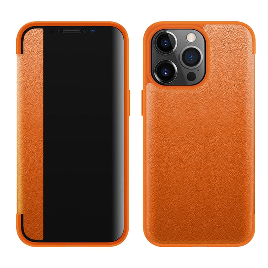 For iPhone 13 Pro Max Magnetic Side Window View Shockproof Horizontal Flip Leather Case (Orange) - iPhone 13 Pro Max Cases by PMC Jewellery | Online Shopping South Africa | PMC Jewellery