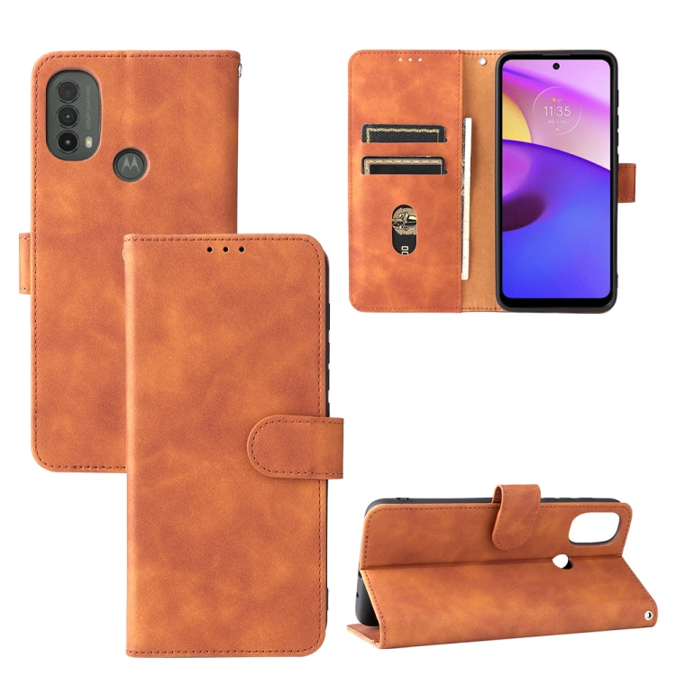 For Motorola Moto E20 / E30 / E40 Skin Feel Magnetic Horizontal Flip Phone Leather Case with Holder & Card Slots & Wallet(Brown) - Motorola Cases by PMC Jewellery | Online Shopping South Africa | PMC Jewellery | Buy Now Pay Later Mobicred