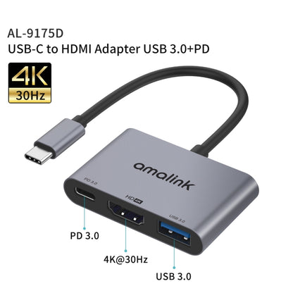 amalink 9175D Type-C / USB-C to HDMI + USB 3.0 + PD HUB Adapter(Grey) - USB HUB by amalink | Online Shopping South Africa | PMC Jewellery | Buy Now Pay Later Mobicred