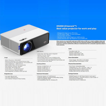 VIVIBRIGHT D5000 1920x1080P 420ANSI 6000Lumens LCD + LED HD Digital Projector, Screen Mirroring - LED Projector by VIVIBRIGHT | Online Shopping South Africa | PMC Jewellery | Buy Now Pay Later Mobicred