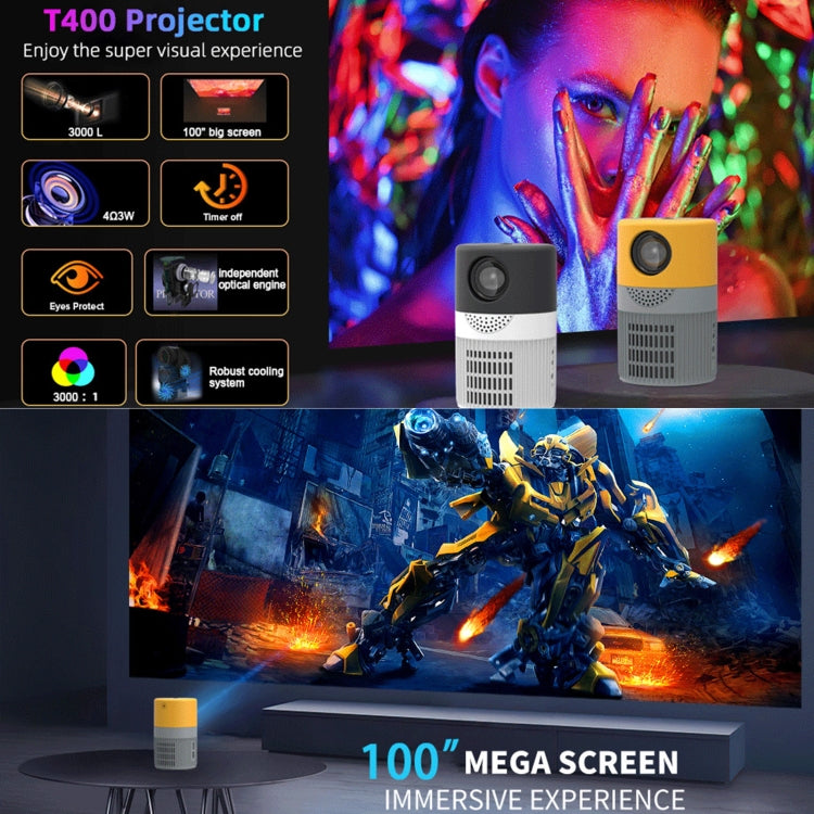 T400 100 inch Screen 3000 Lumens LED Mini Projector, Plug Type:UK Plug(Grey Yellow) - Mini Projector by PMC TechLife | Online Shopping South Africa | PMC TechLife | Buy Now Pay Later Mobicred