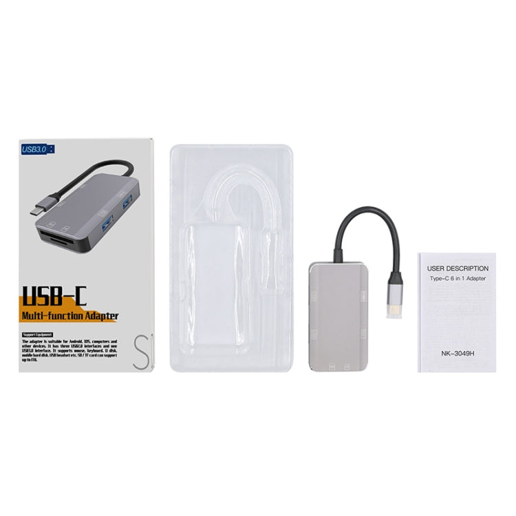 NK-3049H 6 in 1 USB-C / Type-C to TF / SD Card Slot + USB 3.0 + 3 USB 2.0 Female Adapter(Space Grey) - Cable & Adapters by PMC Jewellery | Online Shopping South Africa | PMC Jewellery | Buy Now Pay Later Mobicred